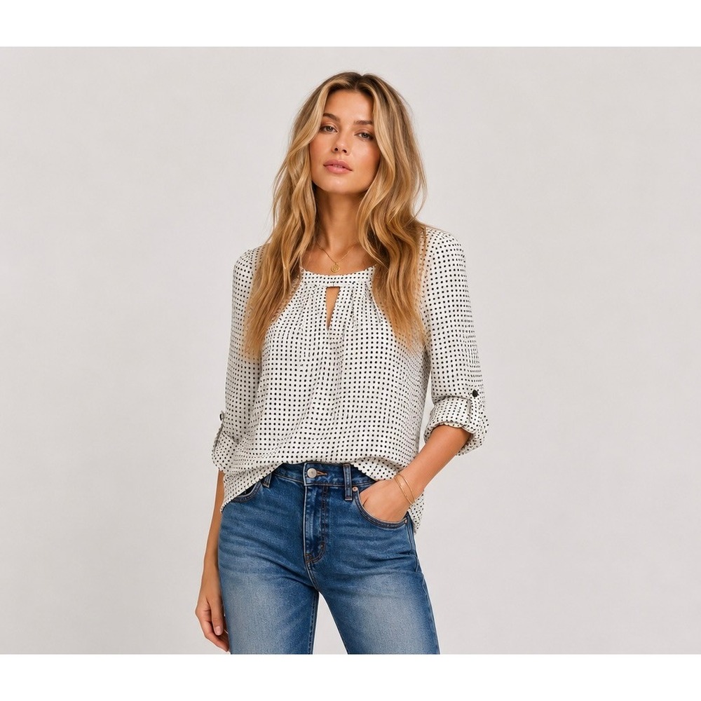 Anthropologie Pleione Semi Sheer 3/4 Sleeve Keyhole Grid Print Blouse Size M